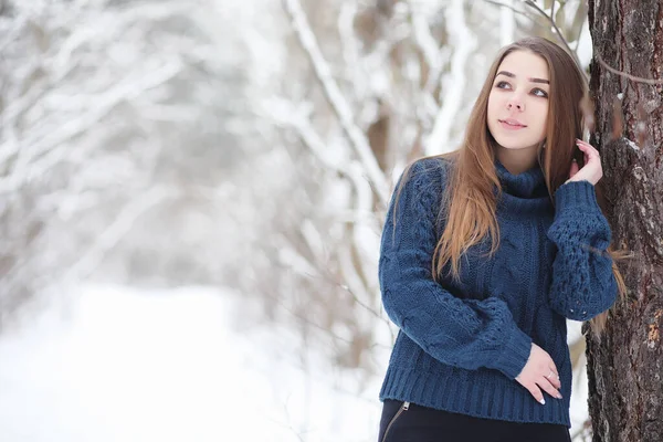 Ung Flicka Vinterpark Promenad Julsemester Vinterskogen Flicka Njuter Vintern Parken — Stockfoto