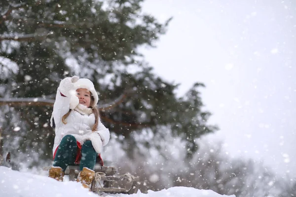 Kış Masalı Genç Bir Anne Kızı Ormanda Kızağa Biniyorlar Parkta — Stok fotoğraf