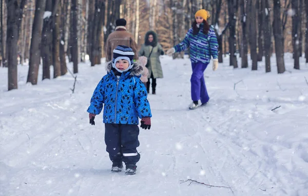 Малюк Бігає Зимовому Парку Розважається Сім — стокове фото