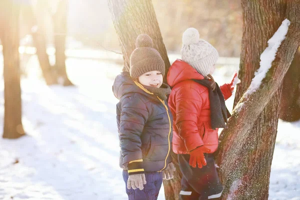 Niños Parque Invierno Jugar Con Sno —  Fotos de Stock