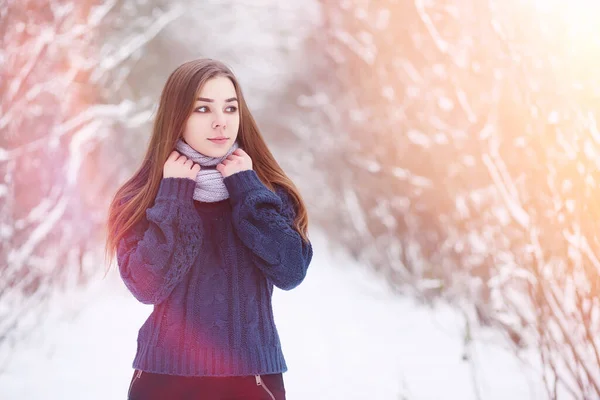 Młoda Dziewczyna Zimowym Parku Spacerze Święta Zimowym Lesie Dziewczyna Cieszy — Zdjęcie stockowe