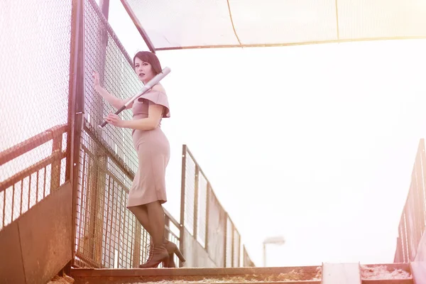 Cute Girl Evening Dress Baseball Bat Outdoor — Stock Photo, Image