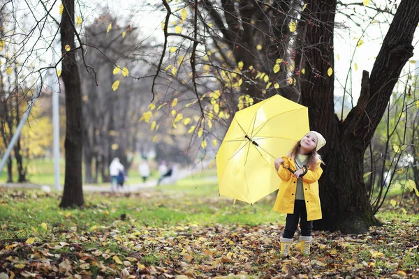 Gyerekek Sétálnak Őszi Parkban Falon — Stock Fotó