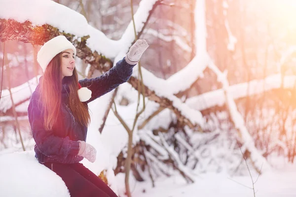 Mladá Dívka Zimním Parku Procházce Vánoční Prázdniny Zimním Lese Dívka — Stock fotografie