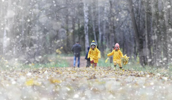 Los Niños Pequeños Caminan Parque Otoño Primera Helada Primera Nieve — Foto de Stock