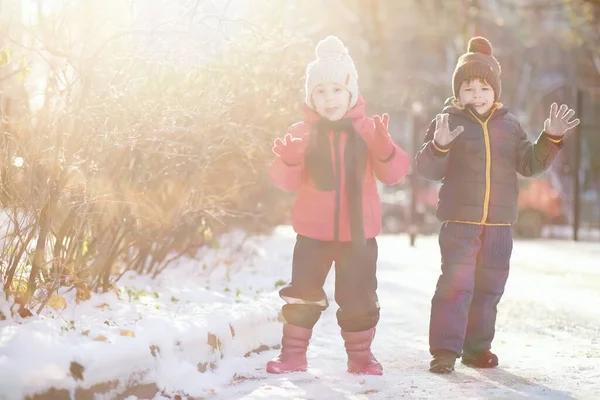 Crianças Parque Inverno Brincam Com Sno — Fotografia de Stock