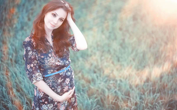 Embarazada Chica Vestido Naturaleza Wal — Foto de Stock