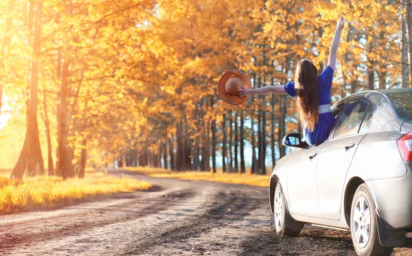 Ung Vacker Flicka Klänningar Naturen Flicka Hatt Promenader Parken Ung — Stockfoto