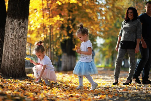 Familia Con Niños Para Dar Paseo Por Parque Otoño Familia —  Fotos de Stock