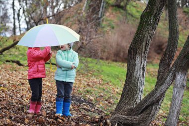 Çocuklar sonbahar parkında sonbaharda yürürler