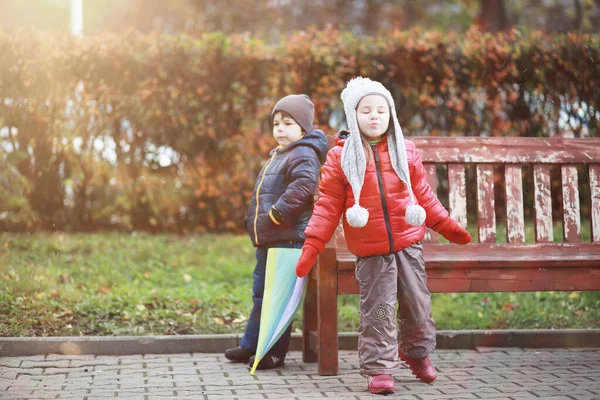 Los Niños Caminan Parque Otoño Fal — Foto de Stock