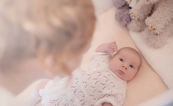 Mom Newborn Baby Her Arms Girl Holding Baby Front Window — Stock Photo, Image