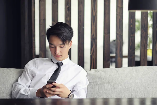 Young Asian Businessman Waiting Partner Cafe Korean Young Man Talking — Stock Photo, Image