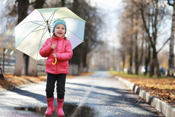 Gyerekek Sétálnak Őszi Parkban Falon — Stock Fotó