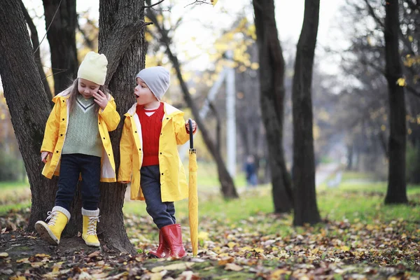 Παιδιά Περπατούν Στο Πάρκο Του Φθινοπώρου — Φωτογραφία Αρχείου