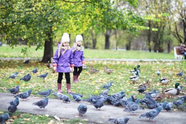 Sonbahar parkında yürüyüşe çıkmış çocuklar. Yaprak parkta düşer. - Aile. Düş! Mutluluk.