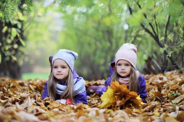 秋の公園を散歩する子供たち 公園の葉が落ちる 家族だ — ストック写真