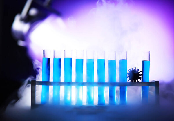 Test tube of glass overflows new liquid solution potassium blue conducts an analysis reaction takes various versions reagents using chemical pharmaceutics cancer manufacturing 