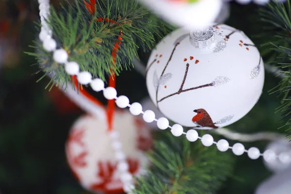 Christmas Holiday Background Silver Red Bauble Hanging Decorated Tree Bokeh — Stock Photo, Image
