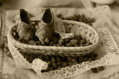 Kurutulmuş rose hips keten bir arka plan üzerinde