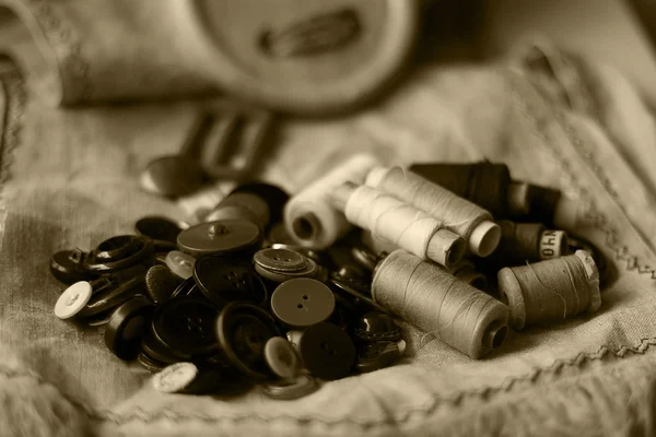 Crafts thread dressmaking scissors monochrome buttons — Stock Photo, Image