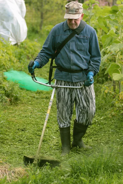 Hombre corta la podadora de hierba — Foto de Stock