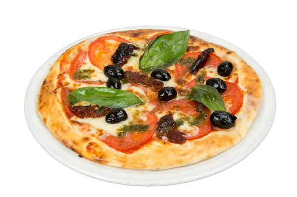 Pizza com tomate, carne, queijo e azeitonas . — Fotografia de Stock