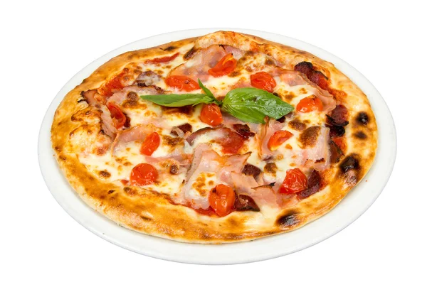 Pizza com tomate cereja, carne e queijo . — Fotografia de Stock