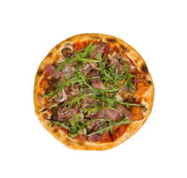 Pizza domates sosu, pastırma ve mantar ile.