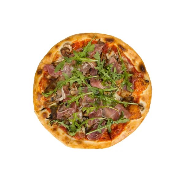 Pizza com molho de tomate, bacon e cogumelos . — Fotografia de Stock