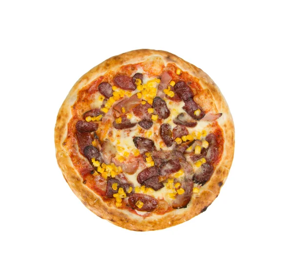 Pizza com queijo, salsicha, lombo e milho . — Fotografia de Stock