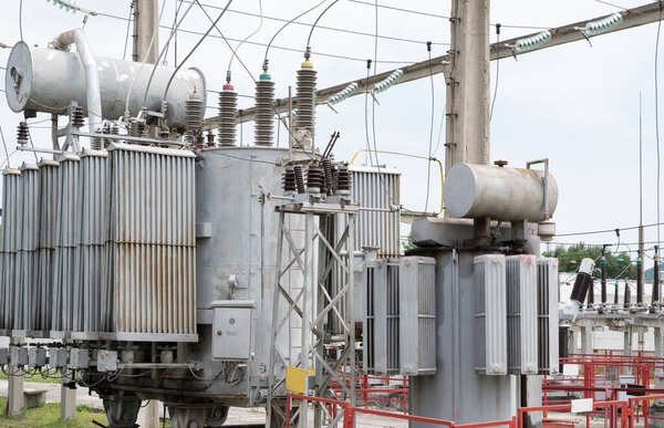 Power Transformer. Peterson coil. High voltage substation.