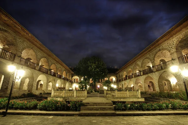 Outdoor of Karvansaray hotel at night in Sheki, Azerbaijan. A medieval inn on the silk route, popular by tourists.