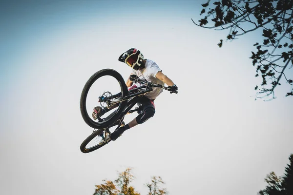 Frontalzusammenstoß Eines Mountainbikers Der Einem Bikepark Mit Einer Schwanzpeitsche Über — Stockfoto