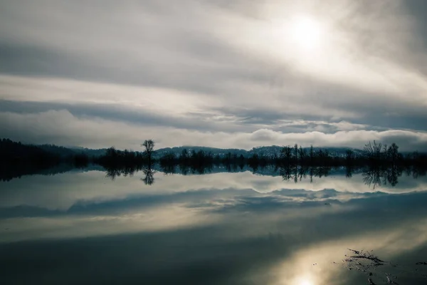 Flooded Fields Winter Trees Seen Standing Directly Out Water Planina — Stock Photo, Image