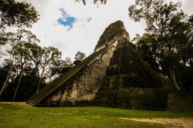 Guatemala 'daki Tikal doğal parkındaki az bilinen piramitlerden biri. Beyaz bulutlu bir gökyüzünün üzerinde merdivenlerle yan manzara.