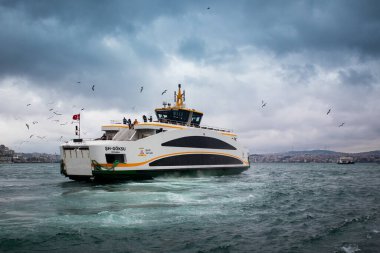 İSTANBUL, TURKEY, 23 Şubat 2018: SH-GOKSU adlı modern bir feribot İstanbul 'da bulutlu bir günde boğazın üzerinden Jorney' e başlıyor.