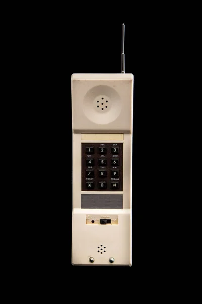Viejo Teléfono Blanco Vintage Inalámbrico Los Años Ochenta Aislado Negro —  Fotos de Stock