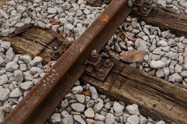 Gamla Järnvägssliprar Djupt Urkärnat Och Torrt Trä Och Ett Tågspår — Stockfoto