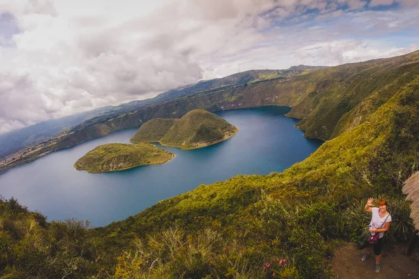 Guardando Verso Isola Sul Famoso Lago Cuicocha Ecuador Panorama Lago — Foto Stock