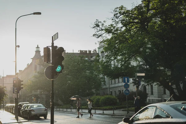 Pericoloso Jaywalking Una Strada Della Città Mentre Auto Hanno Libera — Foto Stock