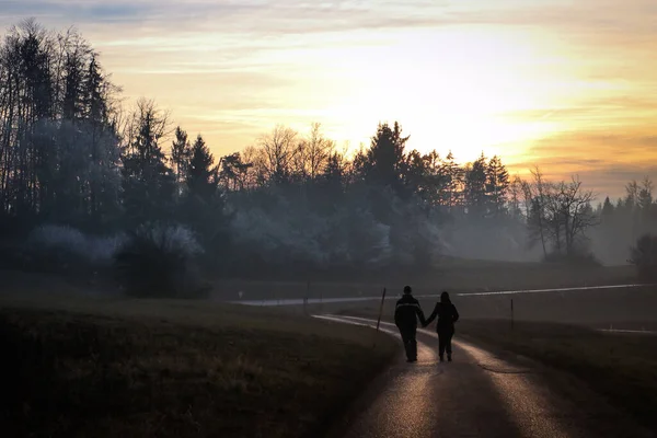 Couple Tient Main Marche Sur Une Route Asphaltée Vers Coucher — Photo