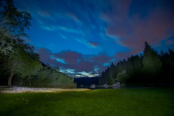 Night Time Panorama Mountain Lake Surrounded Green Trees Lago Fussine — Stock Photo, Image