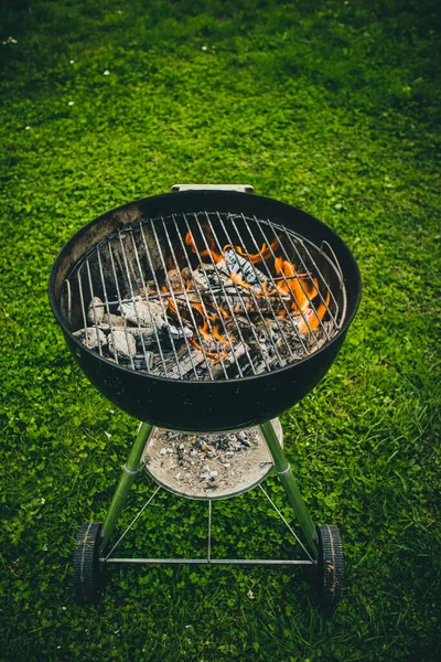 Kerek Mobil Grill Vagy Grill Parkoló Egy Zöld Felületen Vagy — Stock Fotó