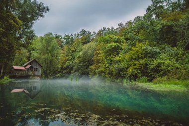 Slovenya 'nın Bela Krajina kentindeki Krupa ırmağının kaynağı veya baharı sisli bulutlu bir günde. Ahşap evin yansıması, iskele, sisli yeşil nehirdeki değirmen. Bulutlu bir günde korkunç mistik su konsepti fotoğrafı.