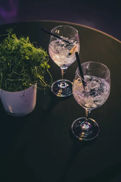 Dos Bebidas Gin Tonic Servidas Una Mesa Junto Una Decoración — Foto de Stock