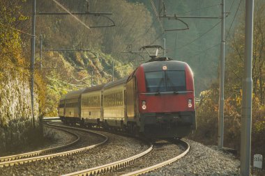 Güneşli sonbahar havasında modern kırmızı bir lokomotifle virajda giden yolcu treni. Güneşli kışın erken saatlerinde romantik tren yolculuğu.