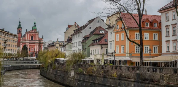 Malerische Gebäude Entlang Des Flusses Ljubljanica Einem Trüben Novembertag Herbst — Stockfoto