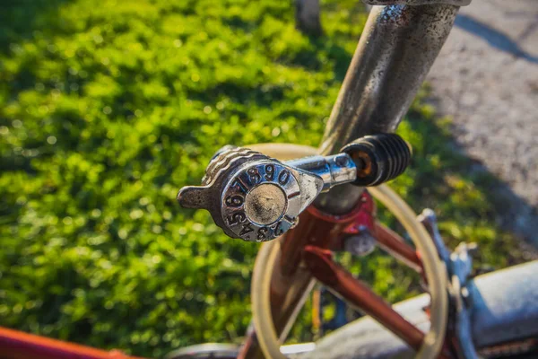 Kilidin Hemen Arkasında Yeşil Çayır Olan Eski Bir Bisikletin Üzerindeki — Stok fotoğraf