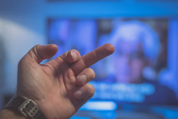 Showing Fuck You Sign Hand Television Concept Liking Television Programme — Stock Photo, Image